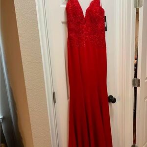 Red Embellished Maxi Gown with Plunge Neckline for Prom